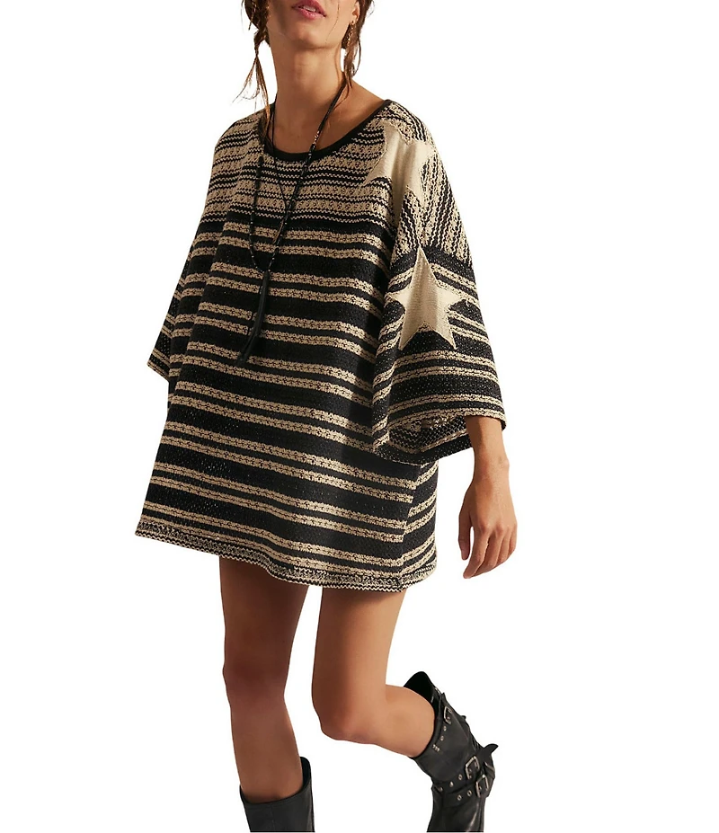 We The Free Fun In The Sun Striped Scoop Neck Short Sleeve Crochet Tee