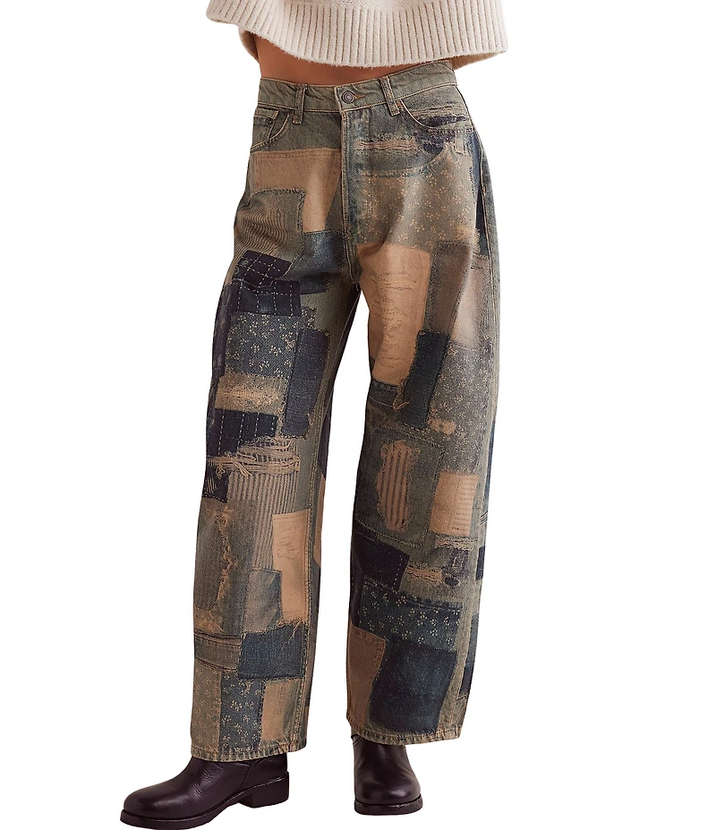 We The Free Illusions Patchwork Printed Low Rise Barrel Leg Jeans