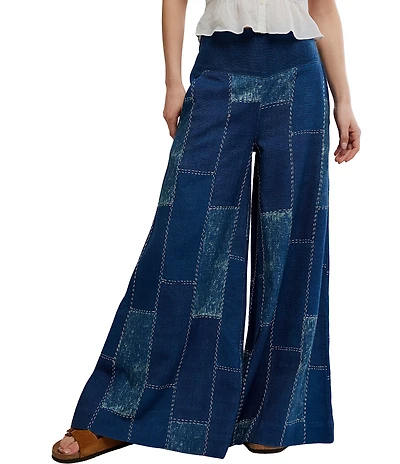 We The Free Patches Mid-Rise Wide-Leg Flare Denim Jeans