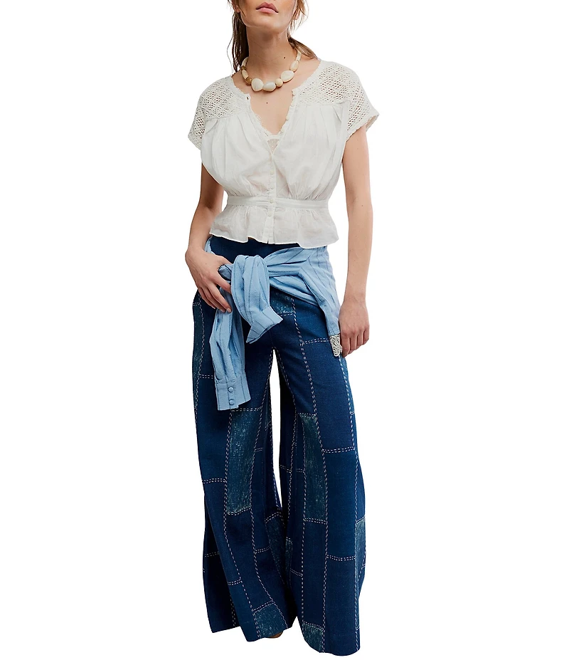 We The Free Patches Mid-Rise Wide-Leg Flare Denim Jeans
