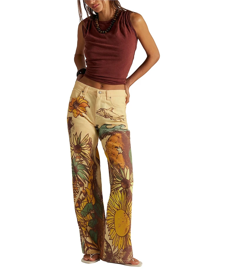 We The Free Printed Mid Rise Straight Leg Denim Jeans