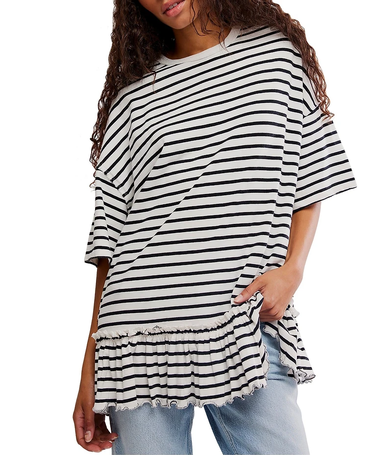 We The Free Why Yes Striped Crew Neck Short Sleeve Ruffled Hem Tee