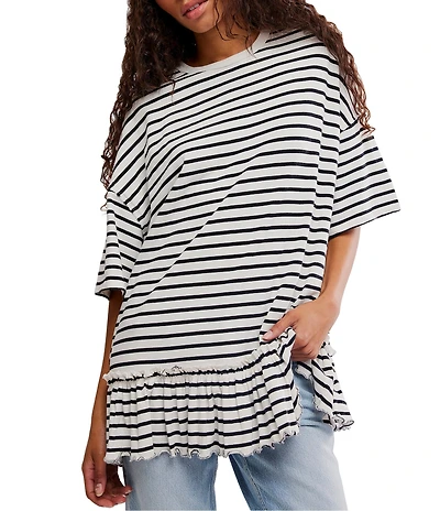 We The Free Why Yes Striped Crew Neck Short Sleeve Ruffled Hem Tee