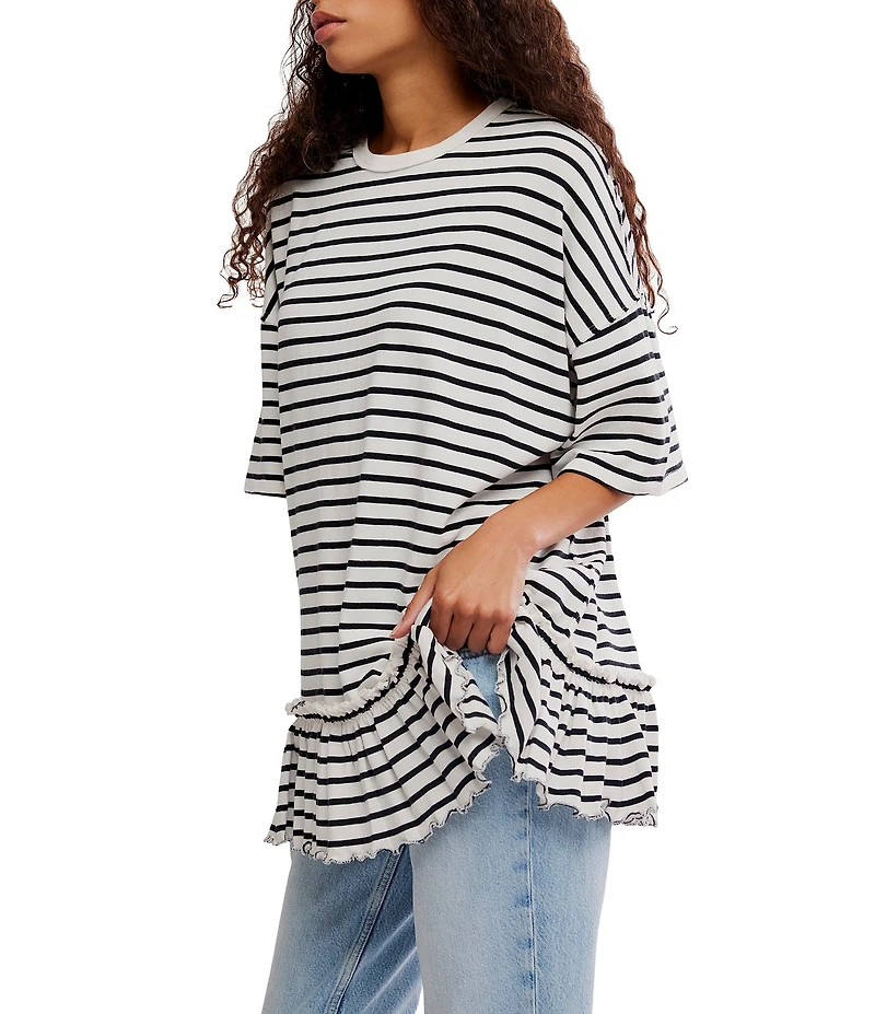We The Free Why Yes Striped Crew Neck Short Sleeve Ruffled Hem Tee