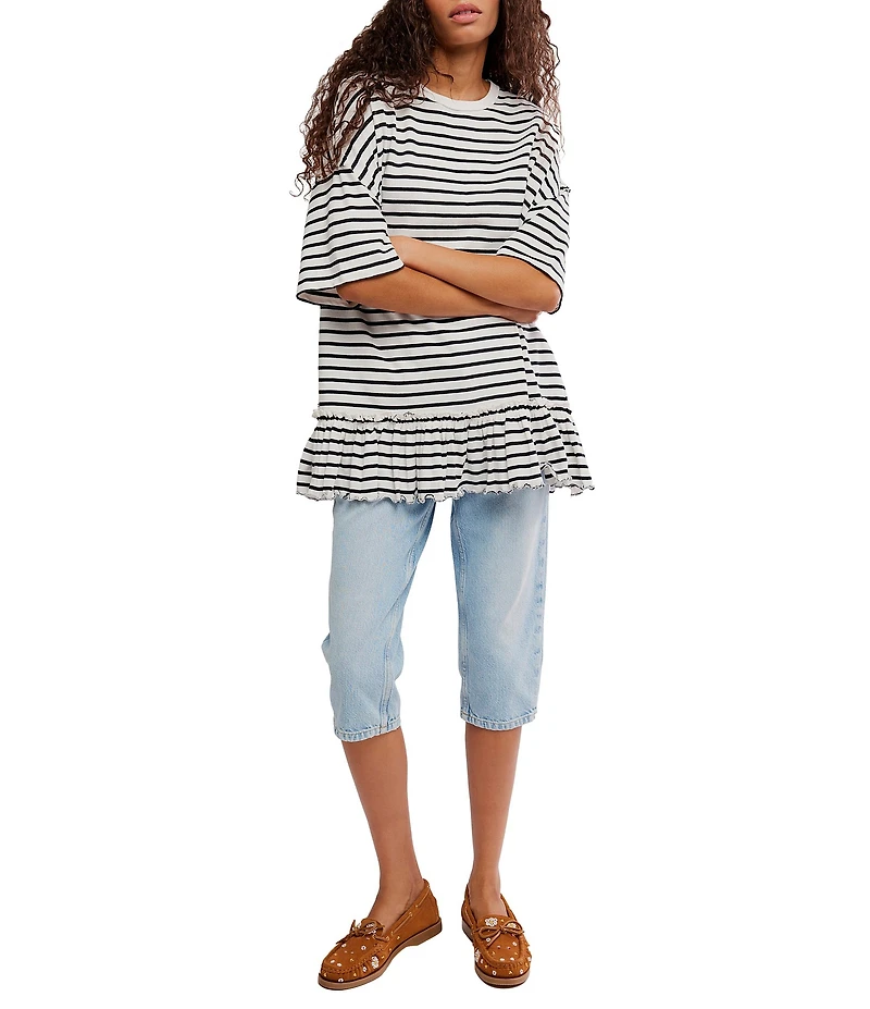 We The Free Why Yes Striped Crew Neck Short Sleeve Ruffled Hem Tee