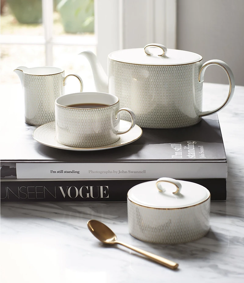 Wedgwood Arris Geometric Bone China Covered Sugar Bowl & Creamer Set