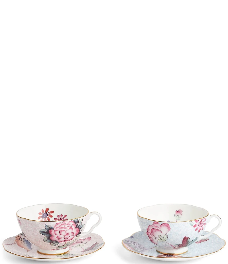 Wedgwood Cuckoo Collection Pink & Blue Teacup & Saucer, Set of 2