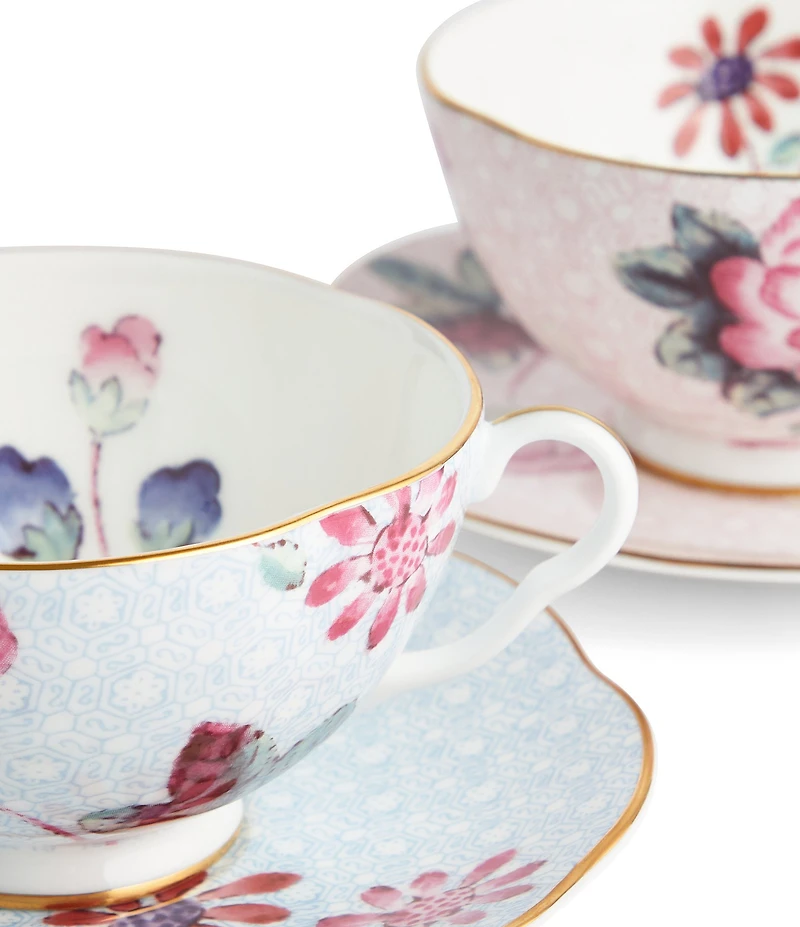 Wedgwood Cuckoo Collection Pink & Blue Teacup & Saucer, Set of 2