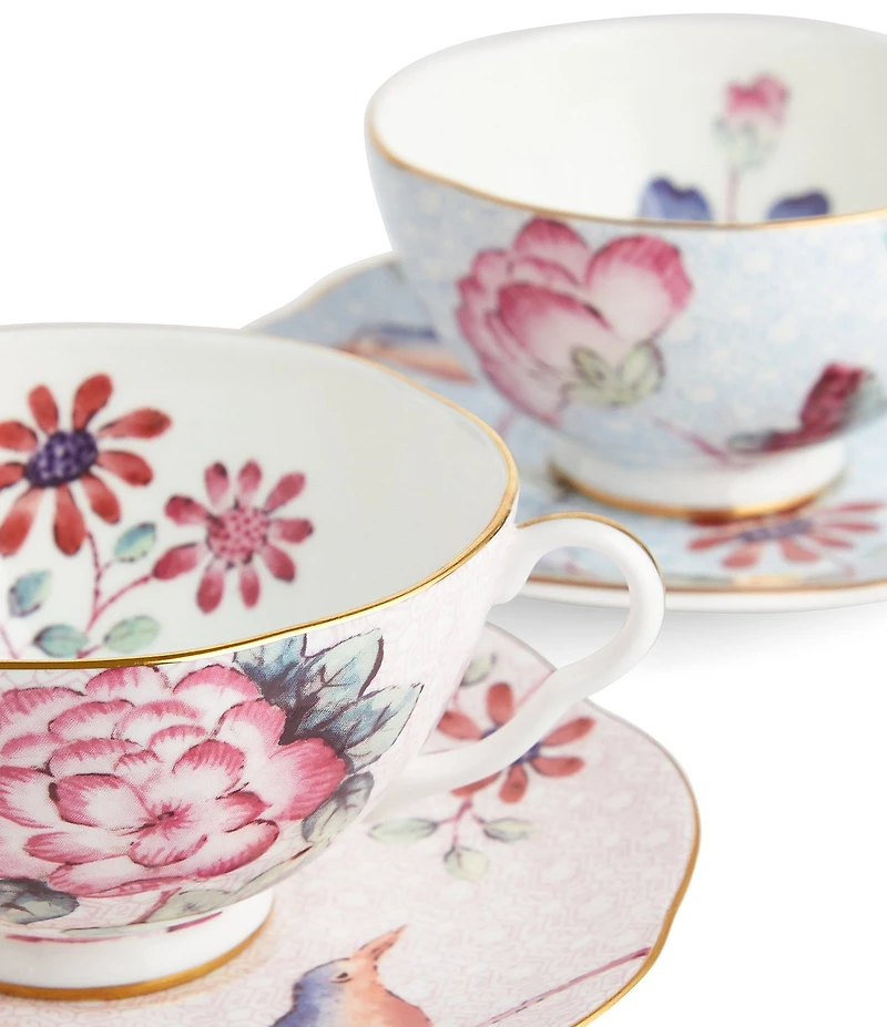 Wedgwood Cuckoo Collection Pink & Blue Teacup & Saucer, Set of 2