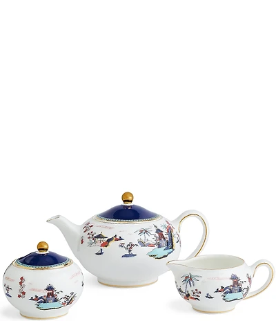 Wedgwood Wonderlust Blue Pagoda Teapot, Sugar and Creamer, Set of 3