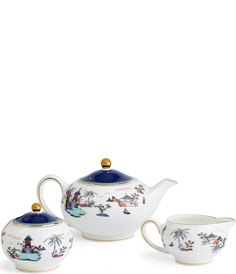 Wedgwood Wonderlust Blue Pagoda Teapot, Sugar and Creamer, Set of 3
