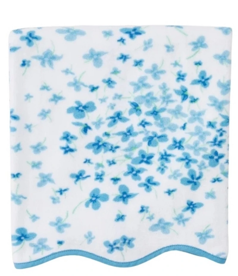 Weezie Betty Blue Floral Patterned Scallop Organic Cotton Bath Towels