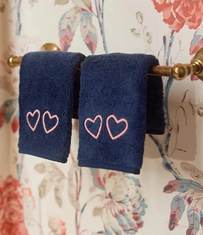 Weezie Embroidered Coral Hearts Motif Organic Cotton Makeup Towel, Set of 2