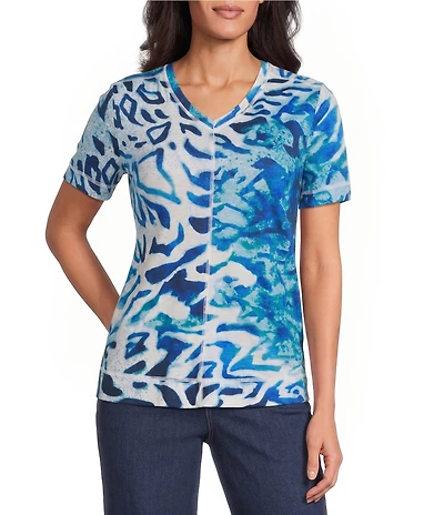 Westbound Animal Pigment Print Short Sleeve V-Neck Top