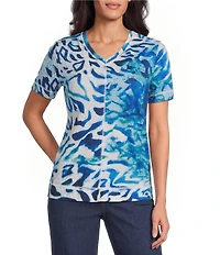 Westbound Animal Pigment Print Short Sleeve V-Neck Top
