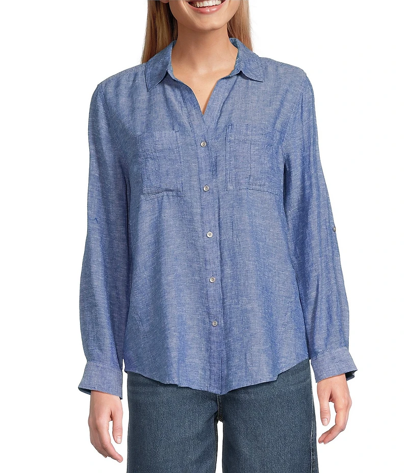 Westbound 3/4 Roll-Tab Sleeve Point Collar Y-Neck Button Front Shirt