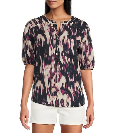 Westbound 3/4 Sleeve Point Collar Y-Neck Button Front Shirt