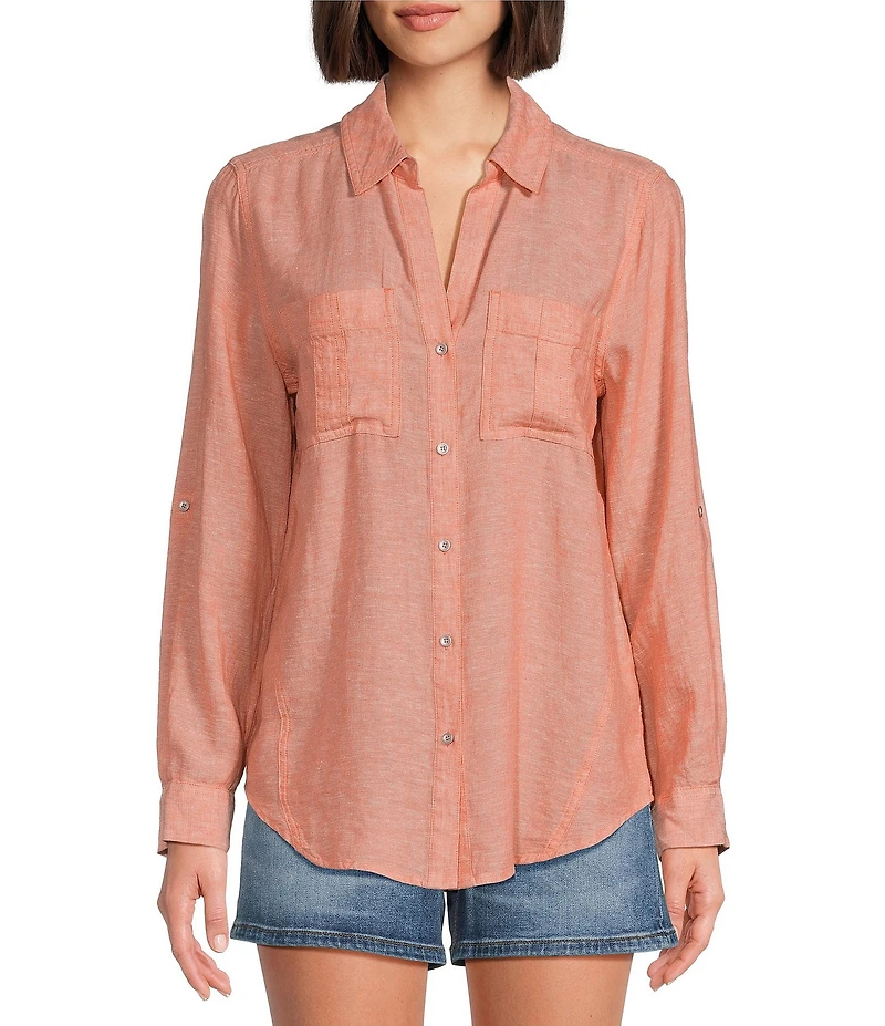 Westbound 3/4 Roll-Tab Sleeve Point Collar Y-Neck Button Front Shirt