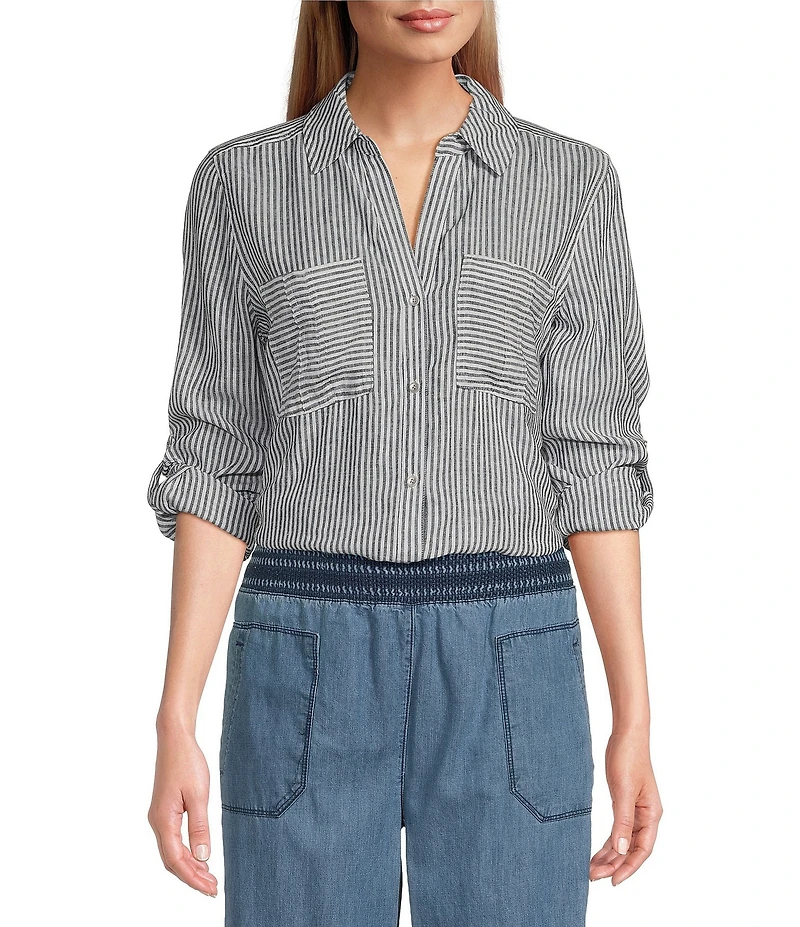 Westbound 3/4 Roll-Tab Sleeve Point Collar Y-Neck Button Front Top