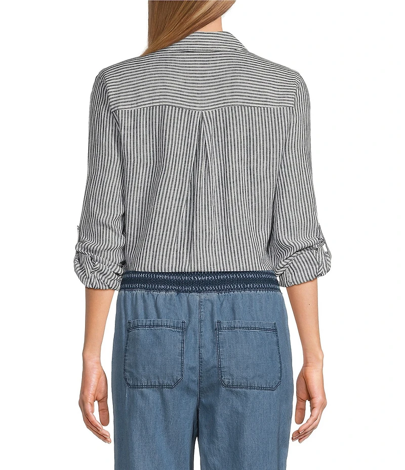 Westbound 3/4 Roll-Tab Sleeve Point Collar Y-Neck Button Front Top