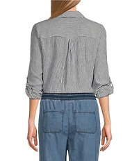 Westbound 3/4 Roll-Tab Sleeve Point Collar Y-Neck Button Front Top