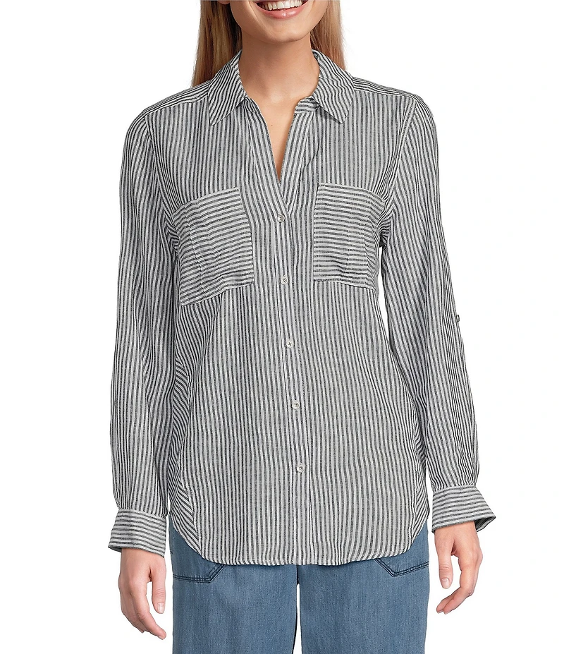Westbound 3/4 Roll-Tab Sleeve Point Collar Y-Neck Button Front Top