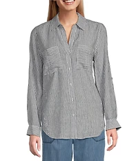Westbound 3/4 Roll-Tab Sleeve Point Collar Y-Neck Button Front Top