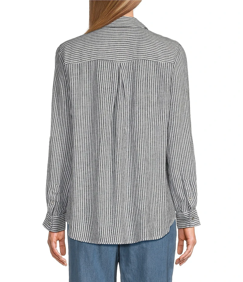 Westbound 3/4 Roll-Tab Sleeve Point Collar Y-Neck Button Front Top