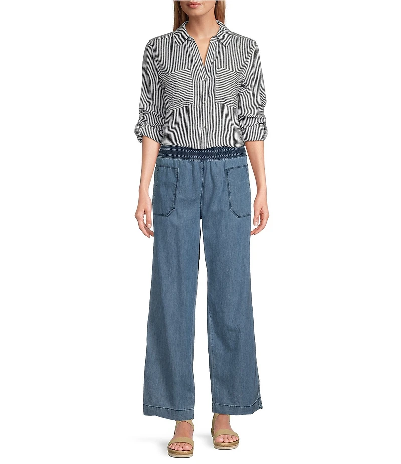 Westbound 3/4 Roll-Tab Sleeve Point Collar Y-Neck Button Front Top