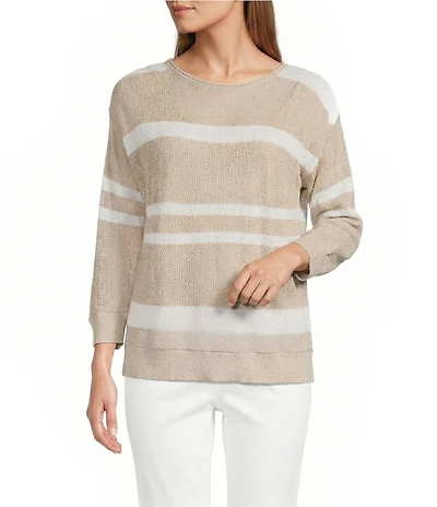 Westbound 3/4 Sleeve Crochet Crew Neck Ribbed Top