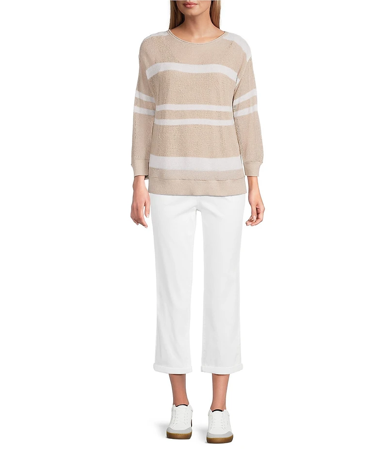 Westbound 3/4 Sleeve Crochet Crew Neck Ribbed Top