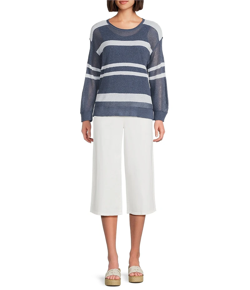 Westbound 3/4 Sleeve Crochet Crew Neck Ribbed Top