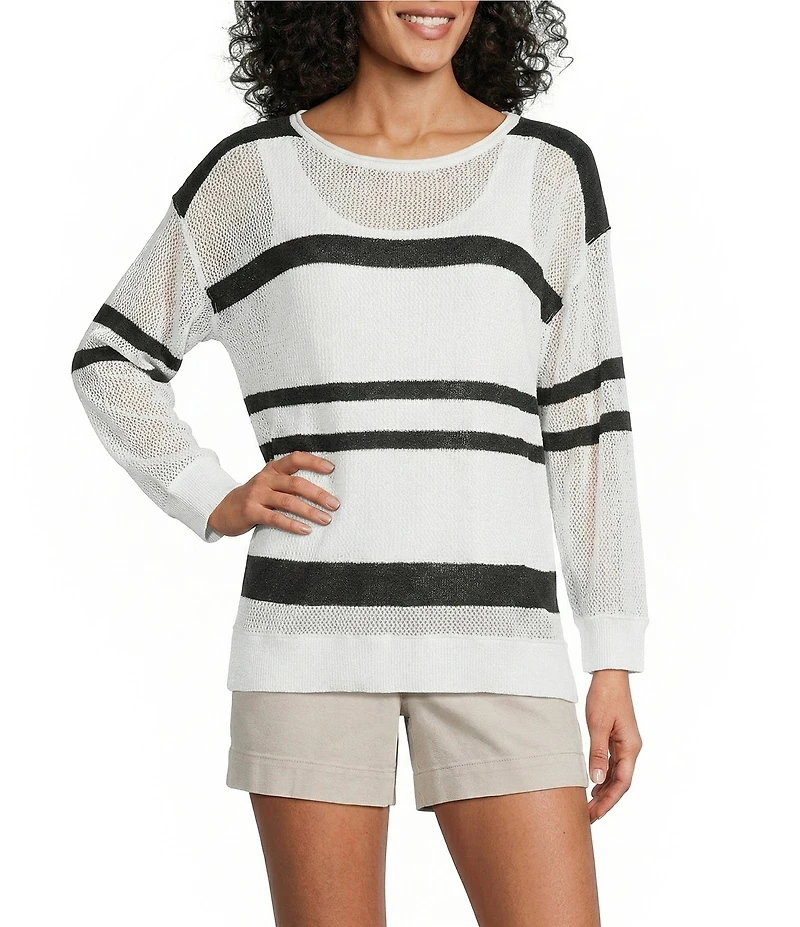Westbound 3/4 Sleeve Crochet Crew Neck Ribbed Top