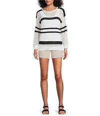 Westbound 3/4 Sleeve Crochet Crew Neck Ribbed Top