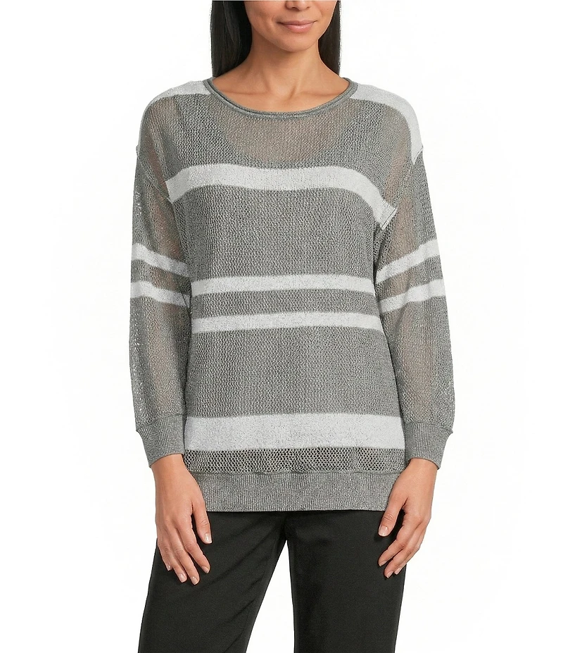 Westbound 3/4 Sleeve Crochet Crew Neck Ribbed Top