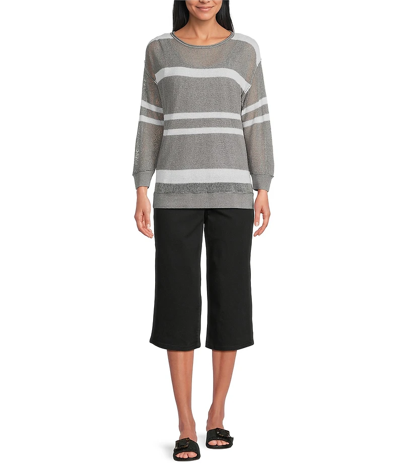 Westbound 3/4 Sleeve Crochet Crew Neck Ribbed Top