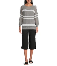 Westbound 3/4 Sleeve Crochet Crew Neck Ribbed Top