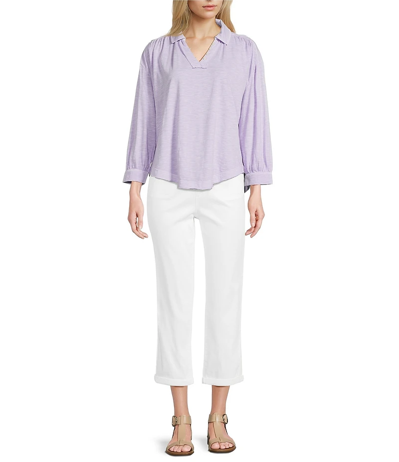 Westbound 3/4 Sleeve V Neck Collared Slub Knit Top