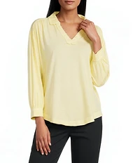 Westbound 3/4 Sleeve V Neck Collared Slub Knit Top