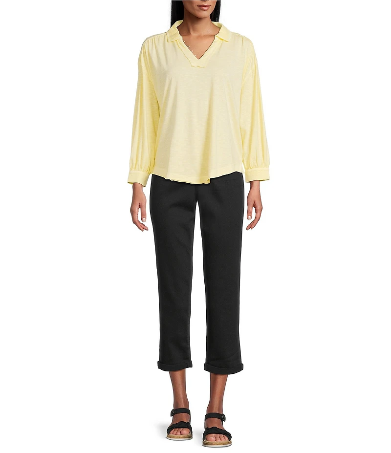 Westbound 3/4 Sleeve V Neck Collared Slub Knit Top