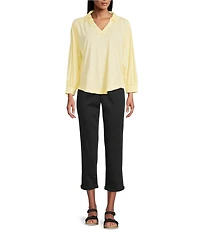 Westbound 3/4 Sleeve V Neck Collared Slub Knit Top