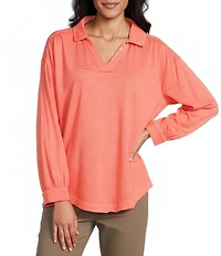 Westbound 3/4 Sleeve V Neck Collared Slub Knit Top