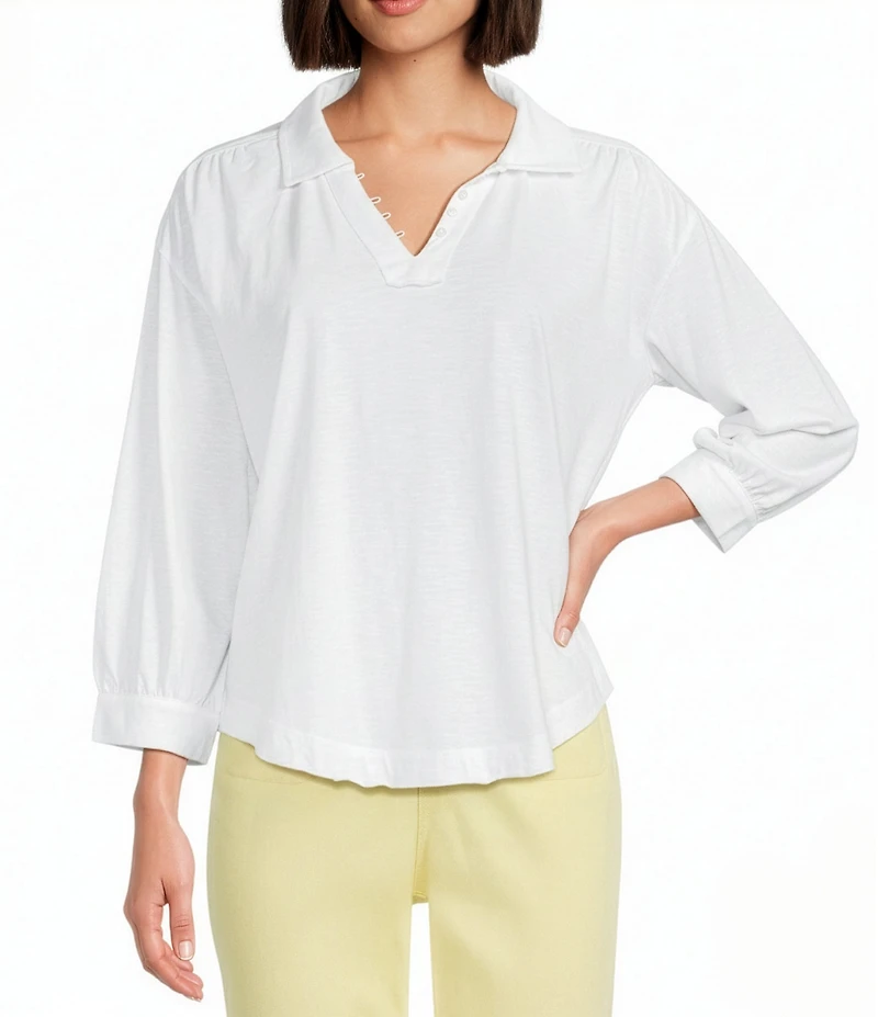 Westbound 3/4 Sleeve V Neck Collared Slub Knit Top