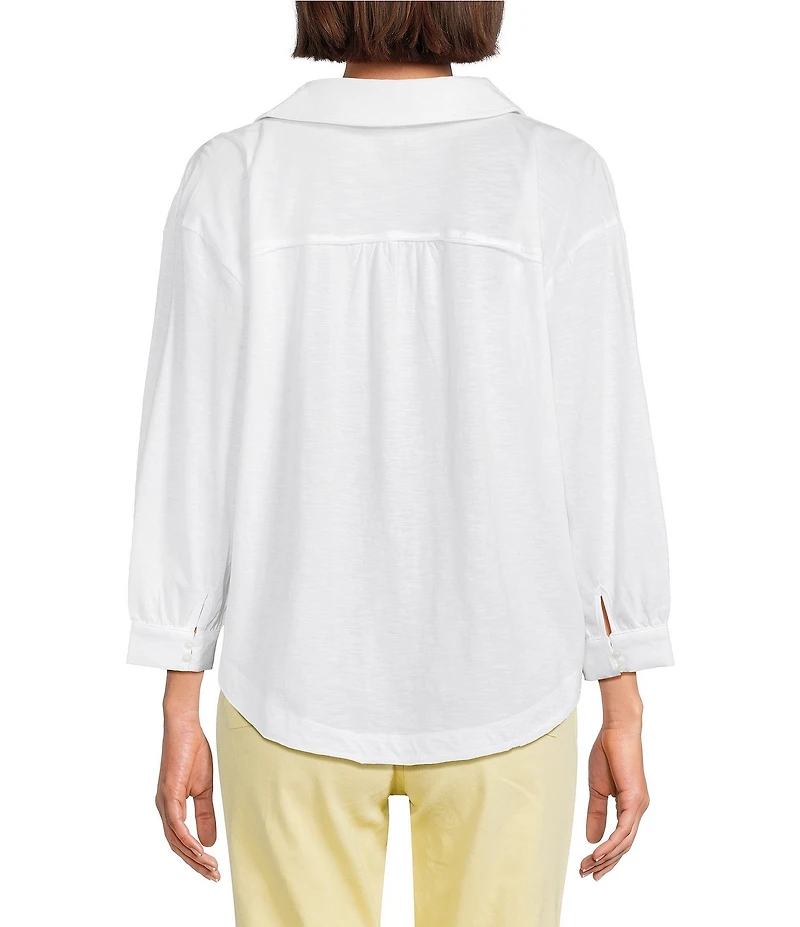 Westbound 3/4 Sleeve V Neck Collared Slub Knit Top