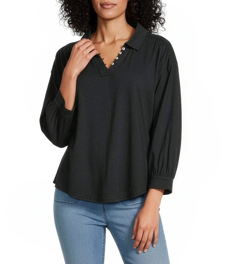 Westbound 3/4 Sleeve V Neck Collared Slub Knit Top