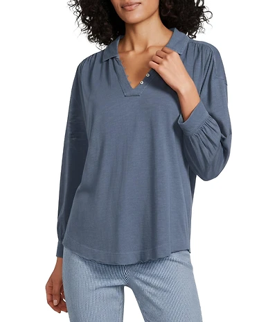 Westbound 3/4 Sleeve V Neck Collared Slub Knit Top