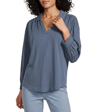 Westbound 3/4 Sleeve V Neck Collared Slub Knit Top