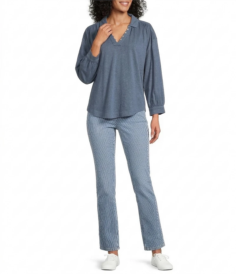 Westbound 3/4 Sleeve V Neck Collared Slub Knit Top