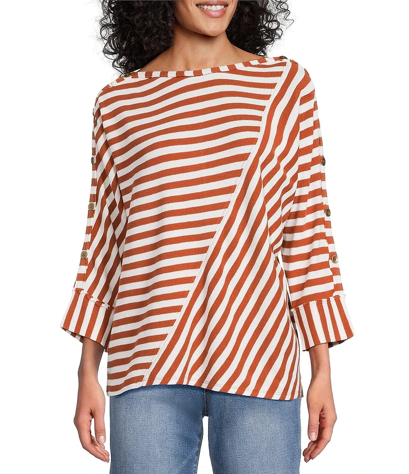 Westbound Striped 3/4 Sleeve Wide Neck Top
