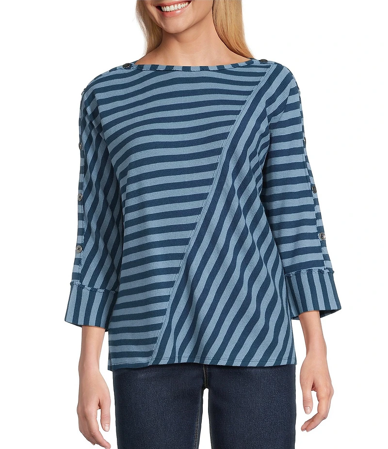 Westbound Striped 3/4 Sleeve Wide Neck Top